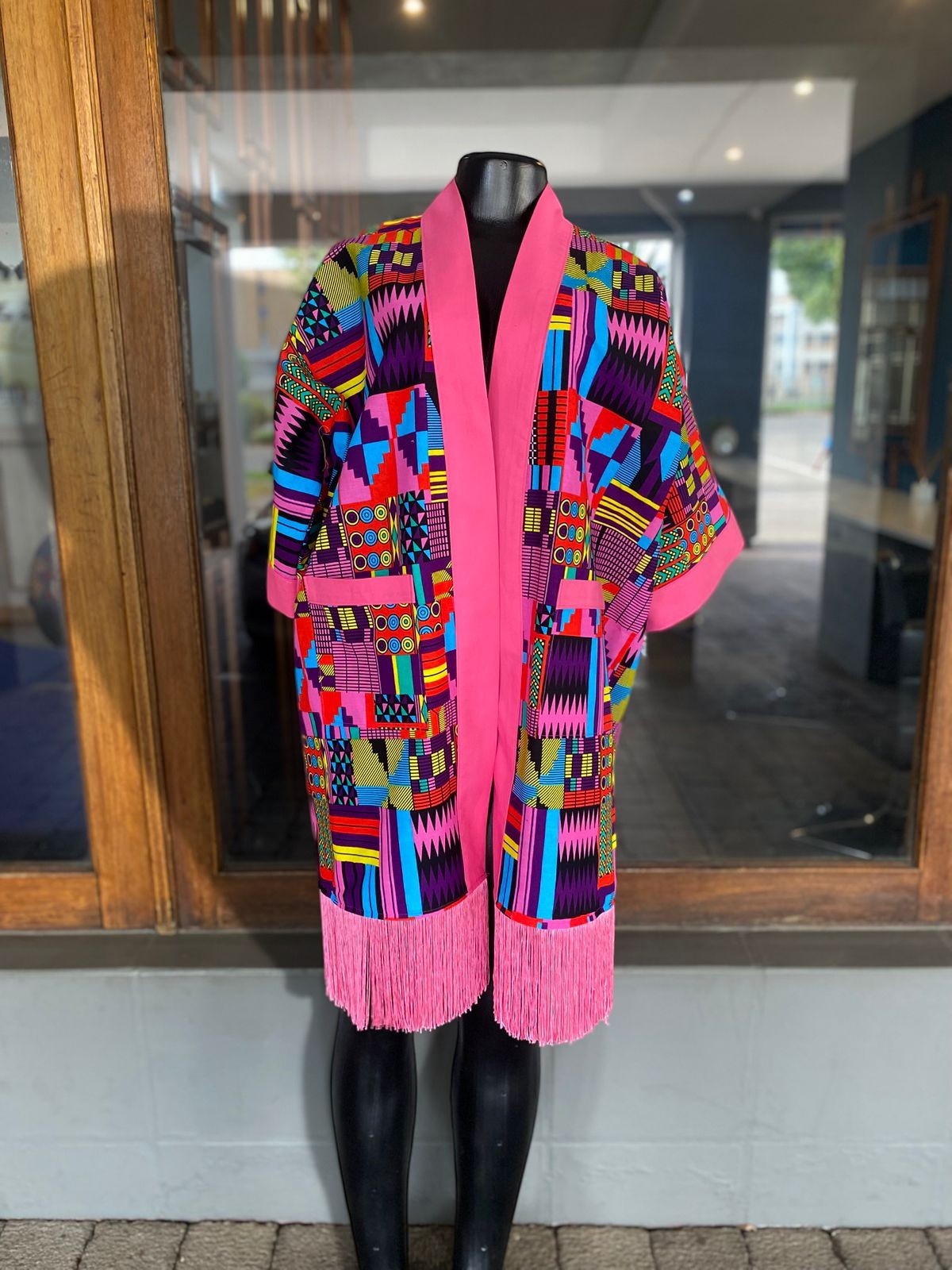 African Print Kimono With Fringe
