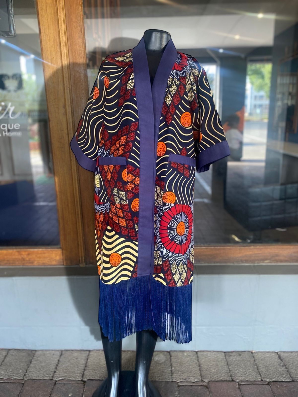 African Print Long Kimono With Fringe